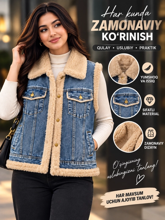 Ayol qizlar uchun nimcha jensili jiletka jaket yoqali tugmali elegant uslub unversal razme