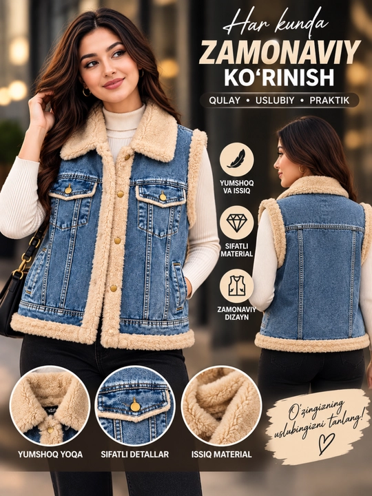 Ayol qizlar uchun nimcha jensili jiletka jaket yoqali tugmali elegant uslub unversal razme