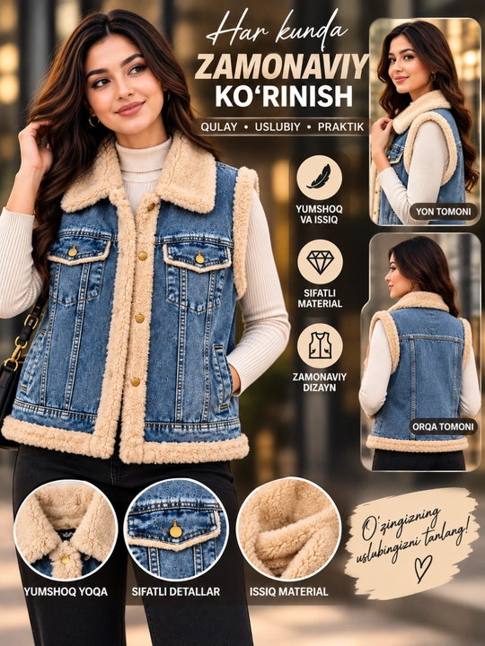 Ayol qizlar uchun nimcha jensili jiletka jaket yoqali tugmali elegant uslub unversal razme