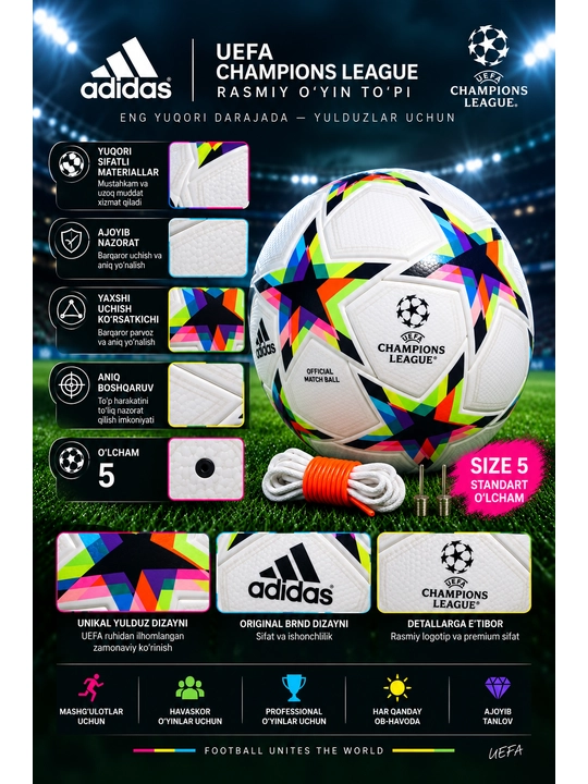 Futbol to‘pi Adidas UEFA Champions League, 5-o‘lcham, oq-multikolor