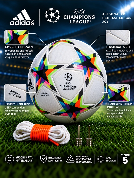 Futbol to‘pi Adidas UEFA Champions League, 5-o‘lcham, oq-multikolor