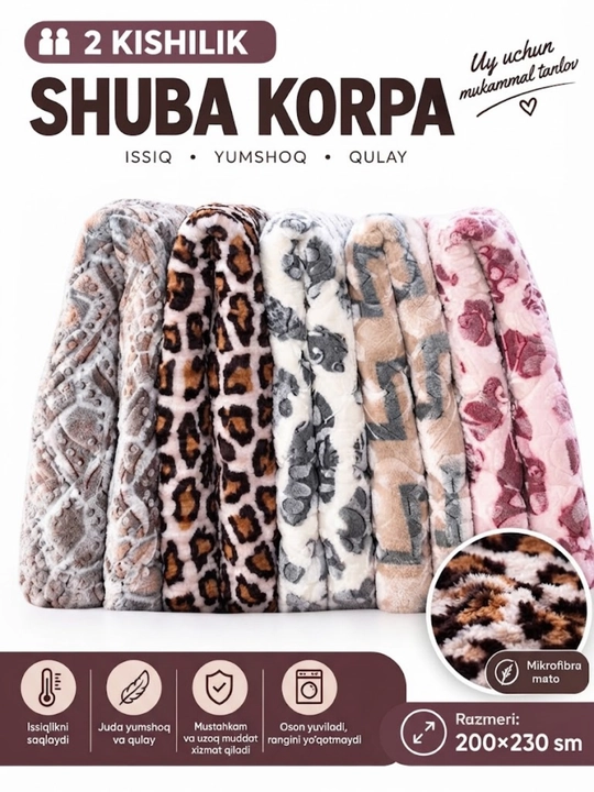 2 kishilik shuba ko'rpa, qishki yumshoq plyush adyol, 200x230 sm - 
