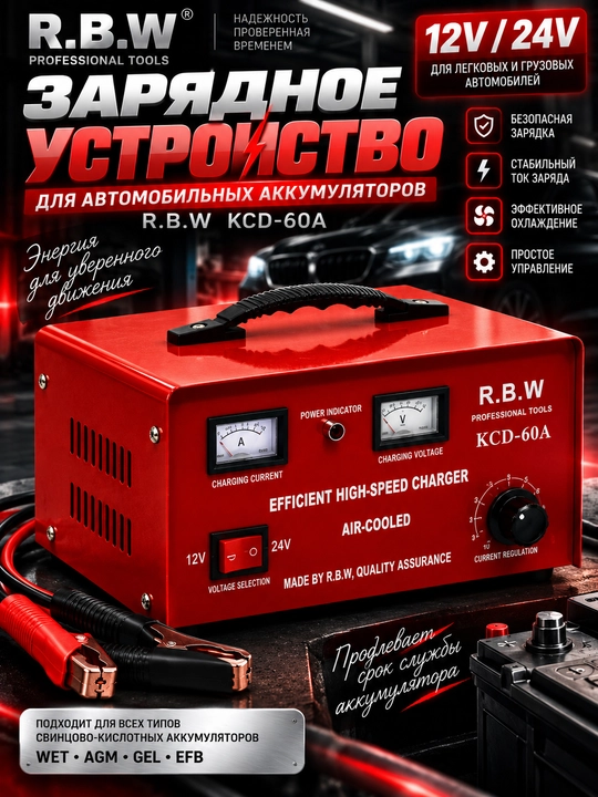 R.B.W KCD-60A avtomobil akkumulyatori uchun zaryadlovchi, 12V/24V - 