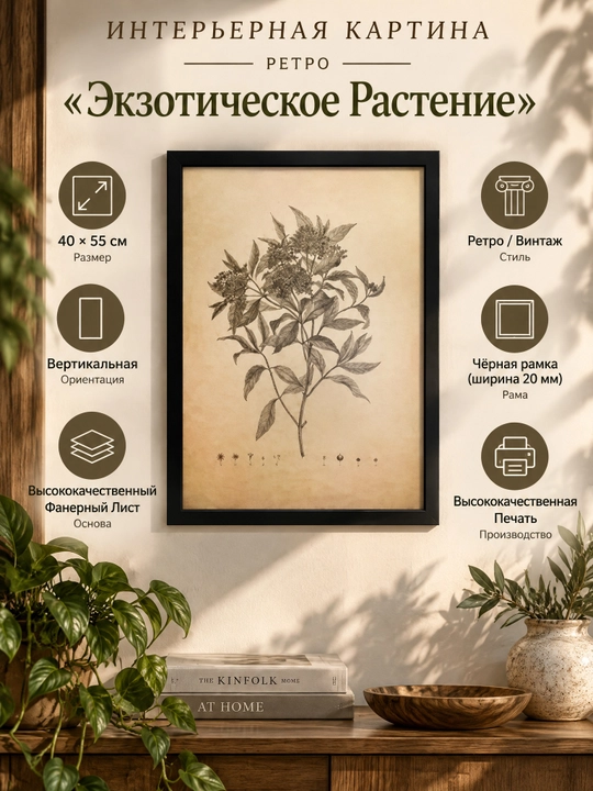 Interyer Surati, Retro Formatda, 40x55 Ekzotik O‘simlik - 