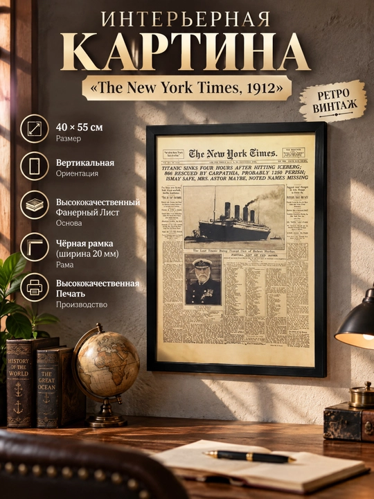 Interyer Surati, Retro Formatda, 40x55 «The New York Times, 1912» - 