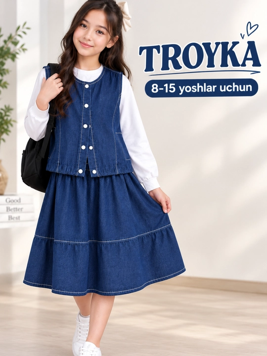 Тройка для девочки 8–15 лет: жилет, кофта и юбка - 