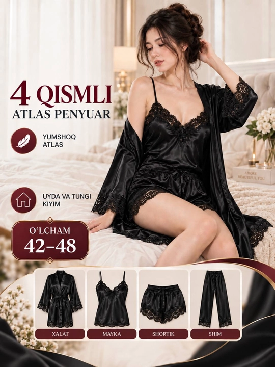 Ayollar atlas uy kiyimi, 4 talik komplekt: halat, mayka, shortik, shim, penyuar, 42–48 - 