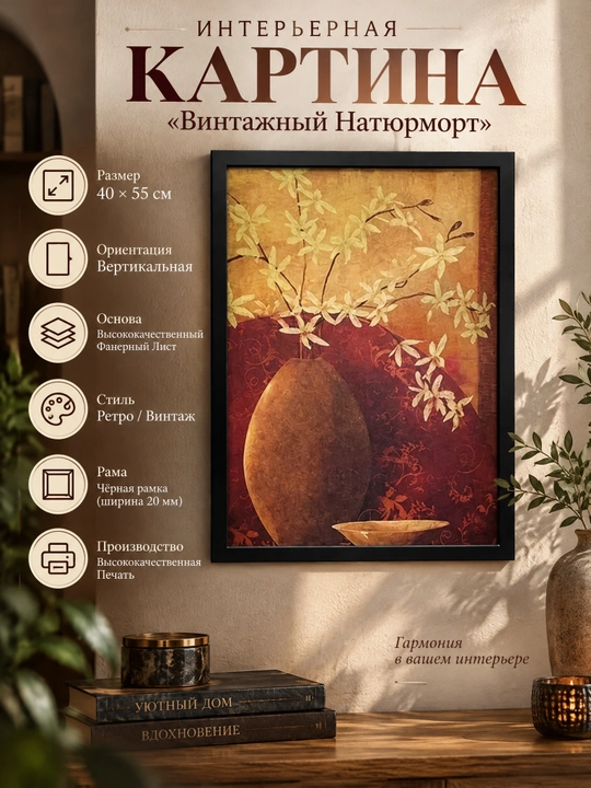 Интерьерная Картина в Стиле Ретро, 40x55 «Винтажный Натюрморт» - 