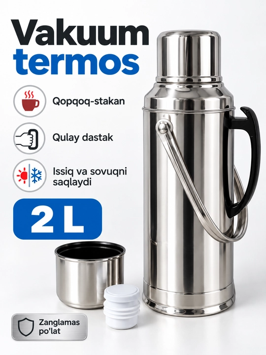 Vakuumli termos kolba, zanglamas po‘lat korpusli, tutqichli, kumush rang, 2 L / 3.2 L