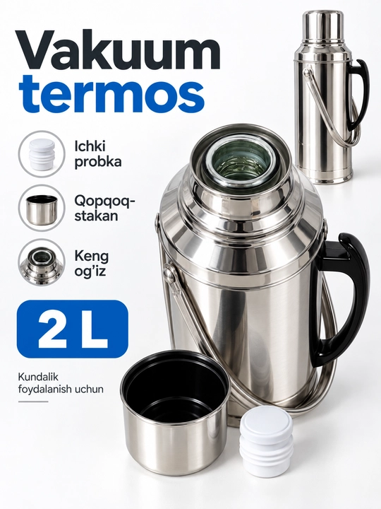 Vakuumli termos kolba, zanglamas po‘lat korpusli, tutqichli, kumush rang, 2 L / 3.2 L