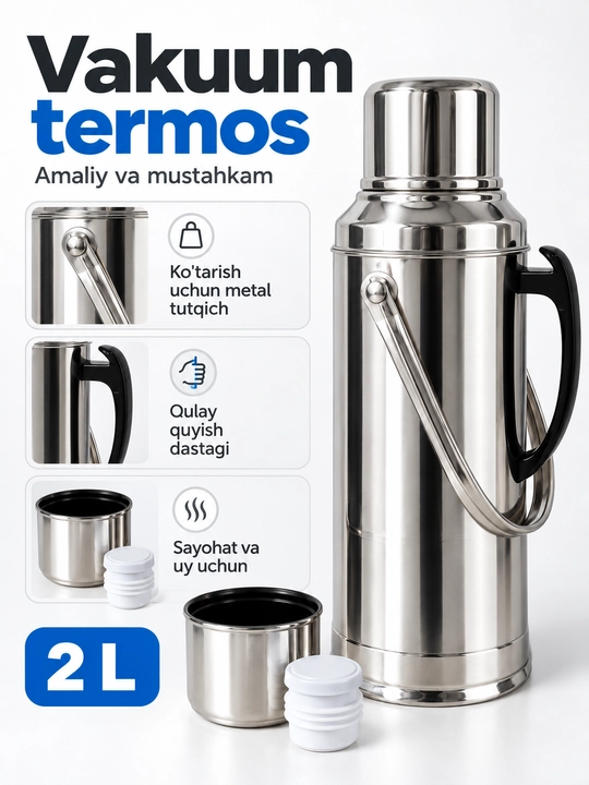Vakuumli termos kolba, zanglamas po‘lat korpusli, tutqichli, kumush rang, 2 L / 3.2 L