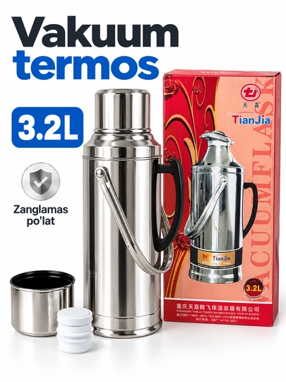 Vakuumli termos kolba, zanglamas po‘lat korpusli, tutqichli, kumush rang, 2 L / 3.2 L
