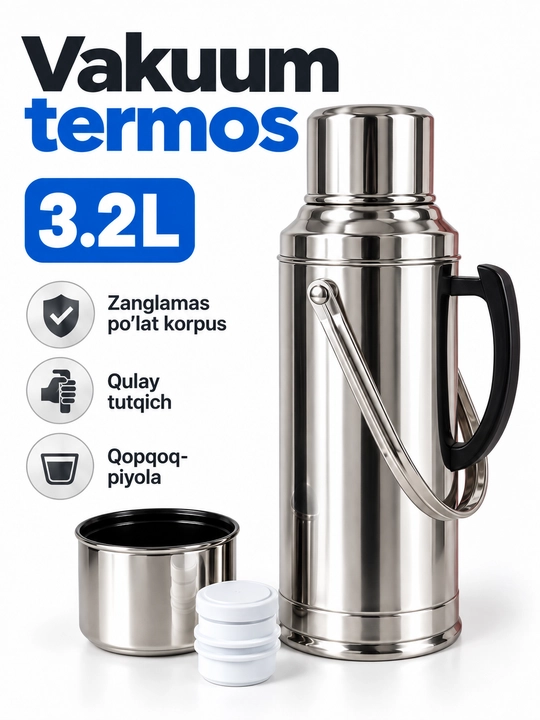 Vakuumli termos kolba, zanglamas po‘lat korpusli, tutqichli, kumush rang, 2 L / 3.2 L