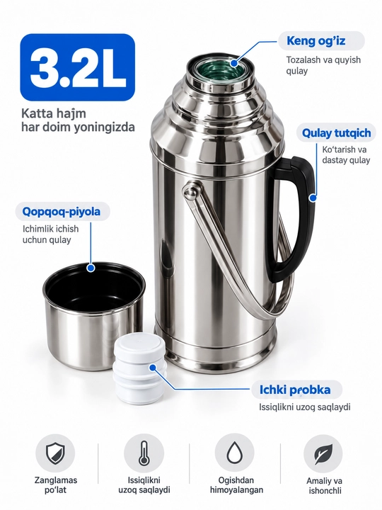 Vakuumli termos kolba, zanglamas po‘lat korpusli, tutqichli, kumush rang, 2 L / 3.2 L