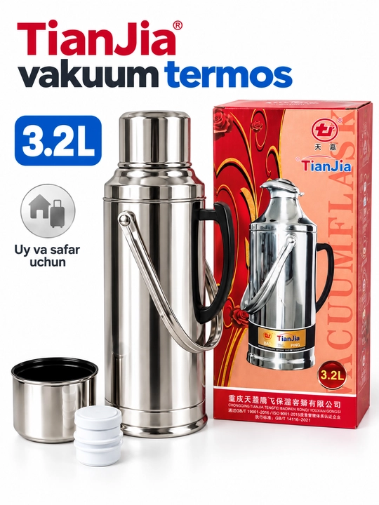 Vakuumli termos kolba, zanglamas po‘lat korpusli, tutqichli, kumush rang, 2 L / 3.2 L
