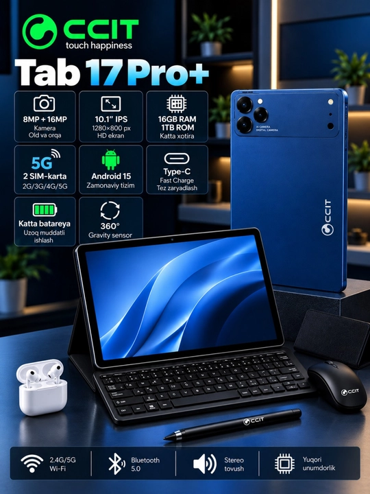 CCIT Tab 17 Pro+ 10.1", 12/256GB, 5G, Android 15, 2 SIM