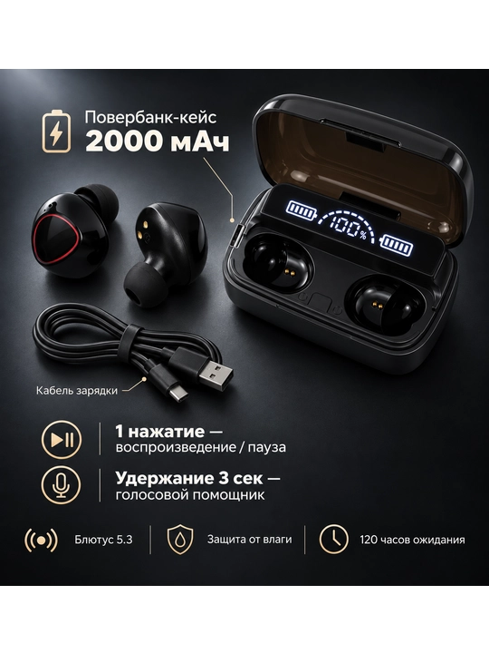 Simsiz Bluetooth quloqchinlar M10, 2000 mA/soat Power bank bilan