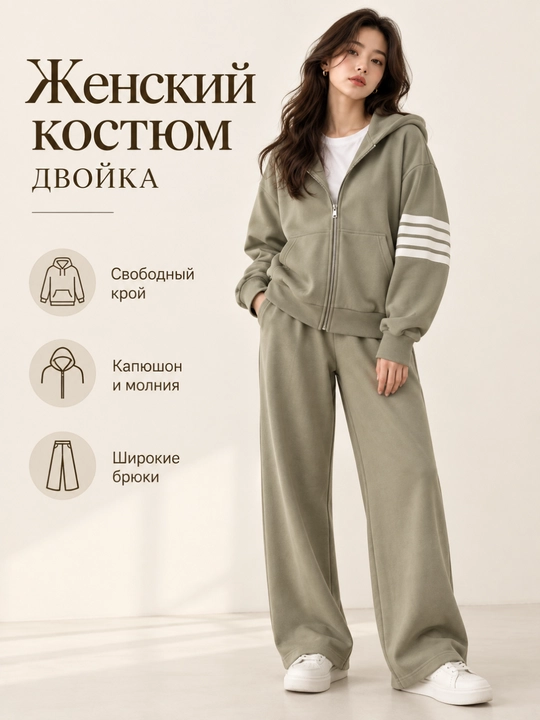 Ayollar uchun sport kostyumi, kapyushonli fermuarli kofta va keng shim, ikki qismli - 
