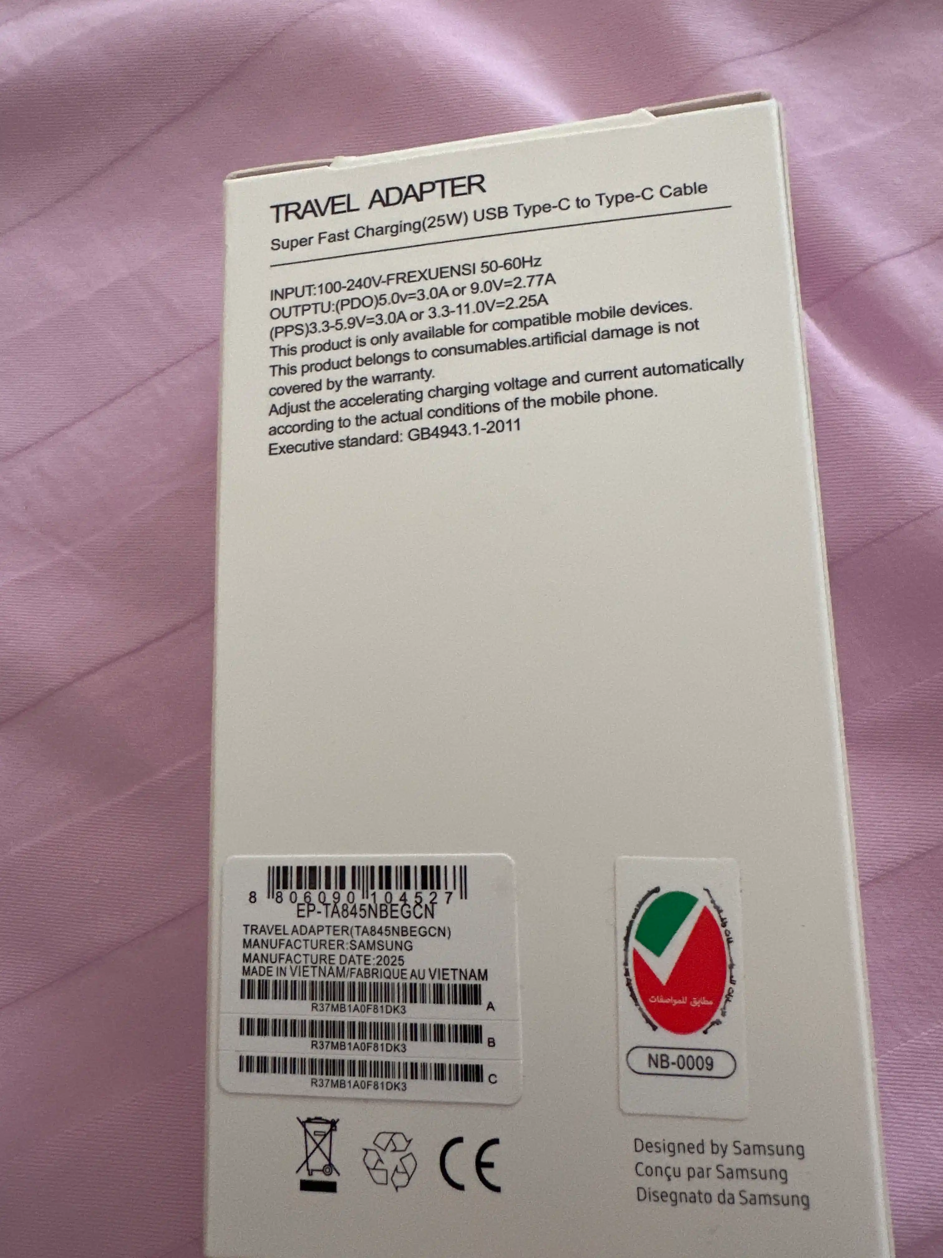 Samsung 25W/45W PD zaryadlovchi adapter, USB Type-C, Type-C–Type-C 3A/5A kabel bilan