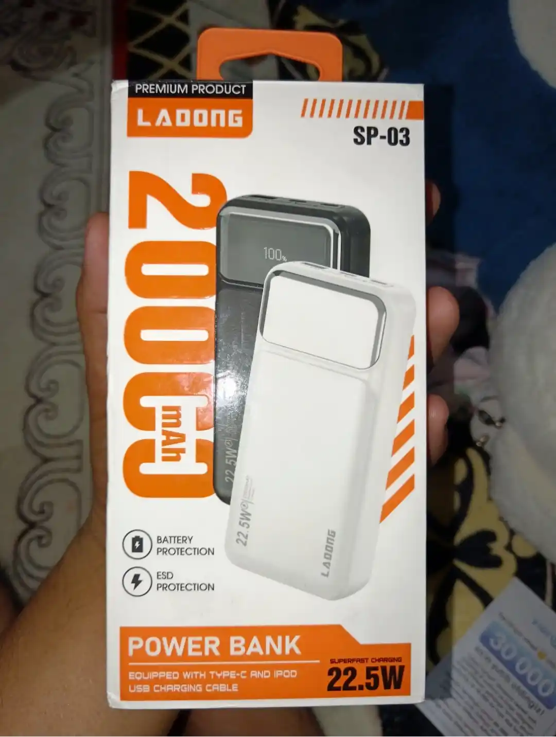 Power Bank 20000mA 22W tezkor quvvat bilan tashqi akkumulyatori +2 kabel bilan