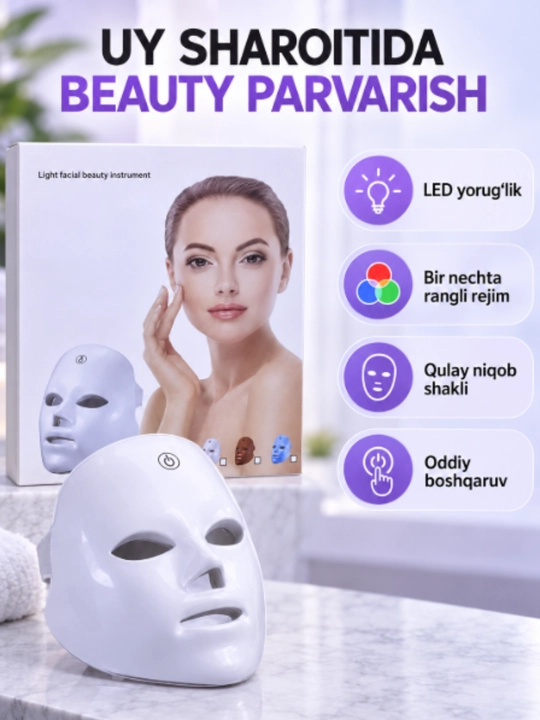 Yuz uchun LED niqob, rangli yorug‘lik rejimlari bilan fototerapiya qurilmasi, oq - 