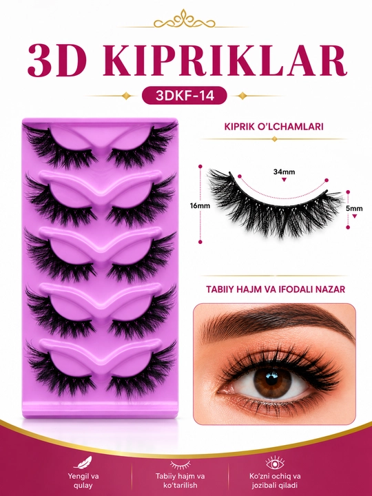 3D ulama kipriklar, professional tabiiy ko‘rinish, 5 juft