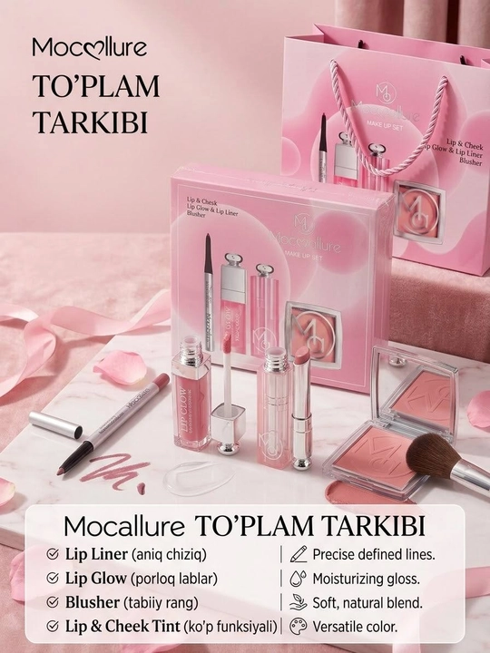 Moccallure Косметический набор – помада, блеск для губ, карандаш для губ и румяна