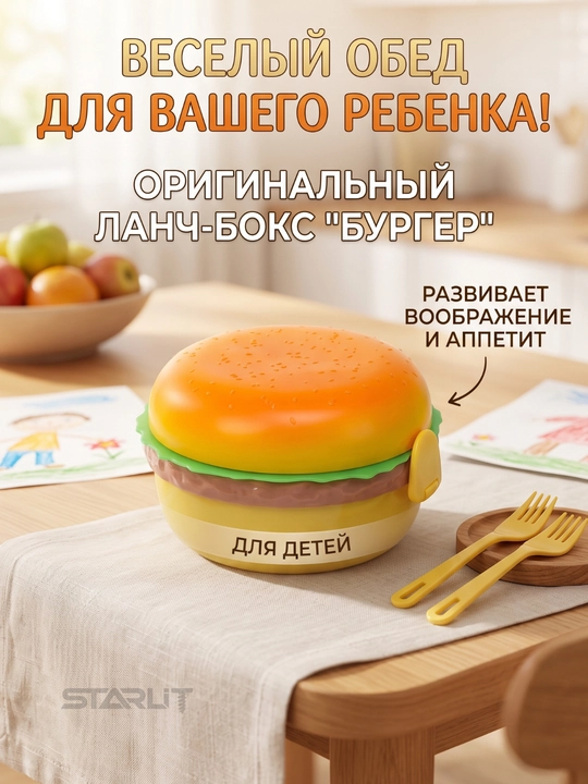 Ланч-бокс для еды «Бургер», 3 яруса, с ложкой и вилкой, детский контейнер для обеда