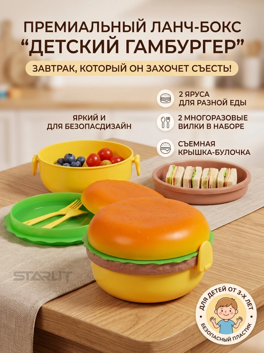 Ланч-бокс для еды «Бургер», 3 яруса, с ложкой и вилкой, детский контейнер для обеда