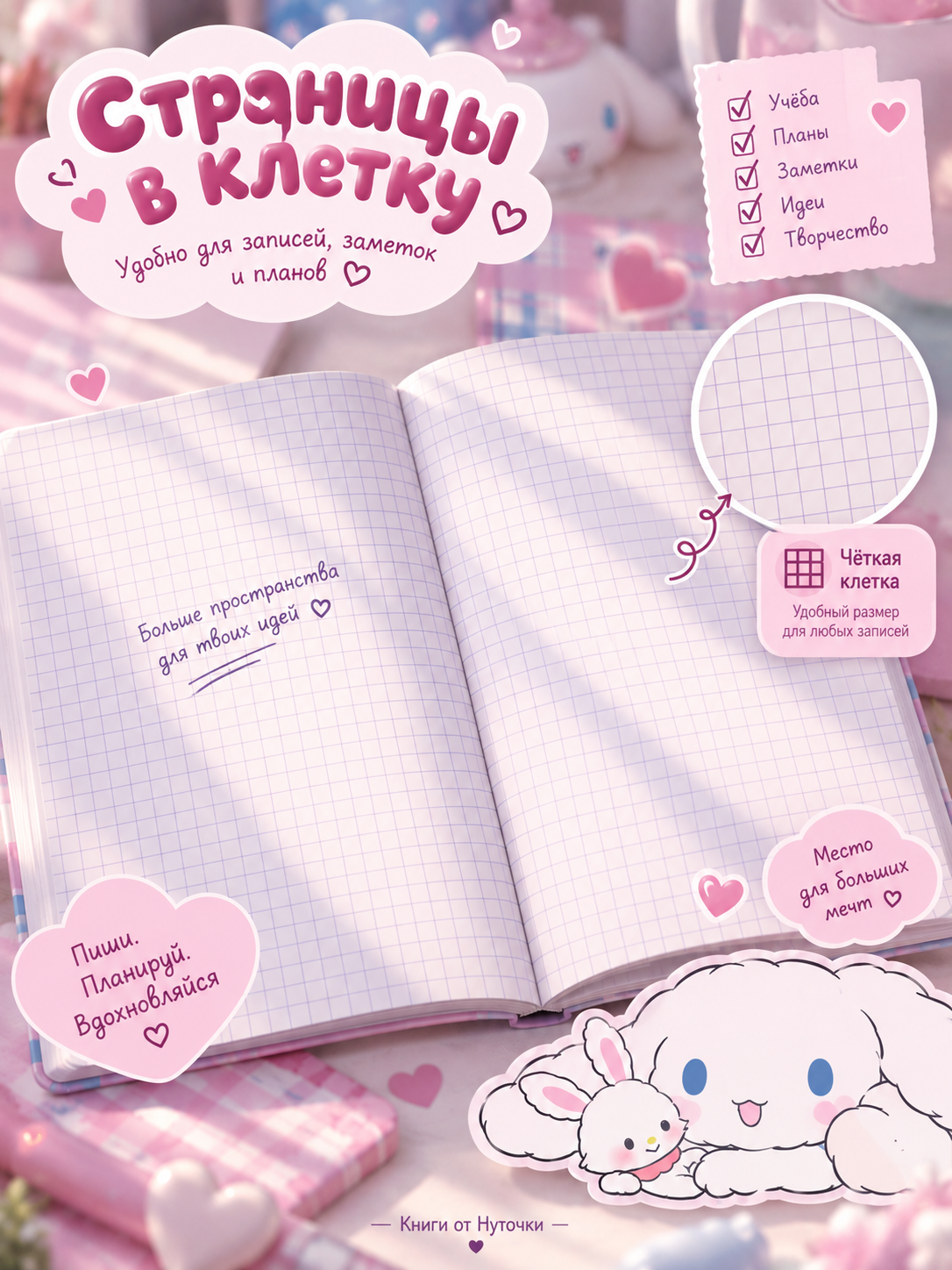 Блокнот Cinnamoroll в клетку, с резинкой, голубой-розовый, для записей и планов