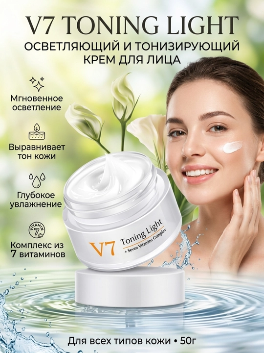 V7 Toning Light — осветляющий и тонизирующий крем для лица, A, B3, B5, C, E, F, H, 50 г