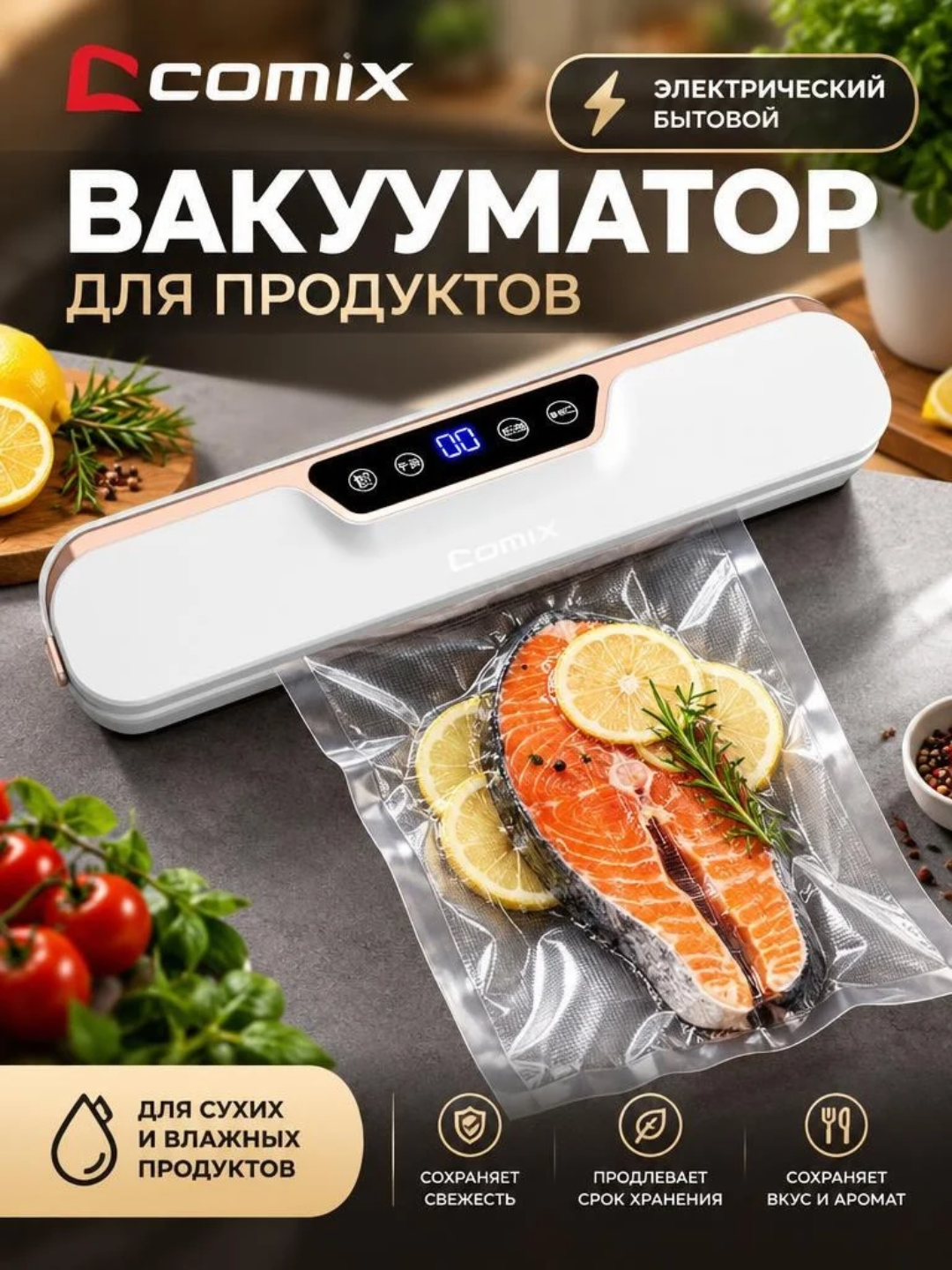 Вакууматор COMIX, вакуумный упаковщик продуктов, сухая и влажная упаковка, запайка 25 см - 