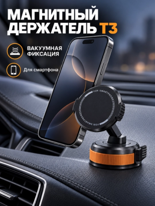 T3 vakuumli va magnitli telefon ushlagichi, burchagi sozlanadigan, qora-to‘q sariq - 