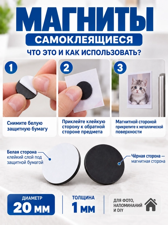 Магниты самоклеящиеся круглые, гибкие магнитные диски на холодильник, доску