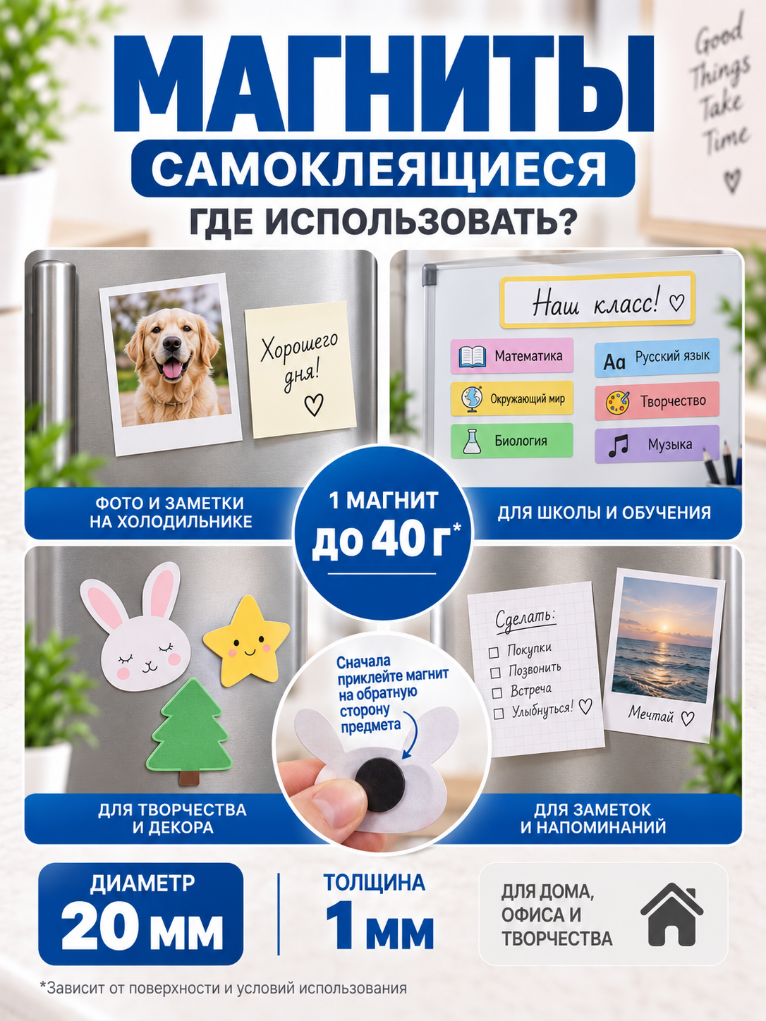 Магниты самоклеящиеся круглые, гибкие магнитные диски на холодильник, доску
