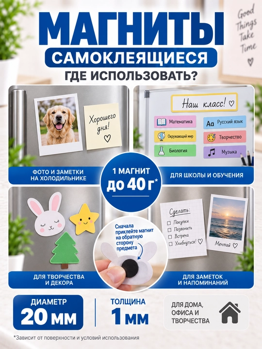 Магниты самоклеящиеся круглые, гибкие магнитные диски на холодильник, доску