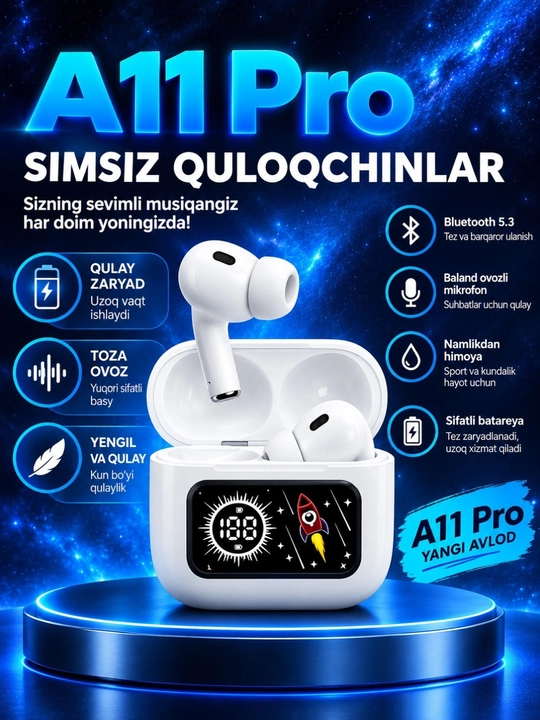Simsiz quloqchin A11 - displeyli mikrafonli naushniklar kuchli ovoz quloqlarni og'ritmaydi