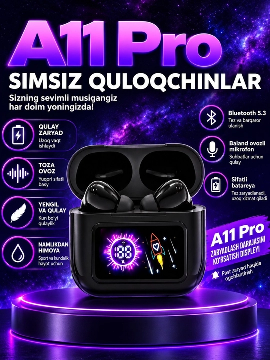 Simsiz quloqchin A11 - displeyli mikrafonli naushniklar kuchli ovoz quloqlarni og'ritmaydi