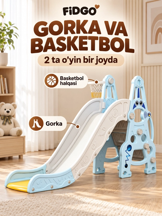 Bolalar gorkasi va o‘yin majmuasi FIDGO, arg‘imchoqli modellar va sport burchagi - 