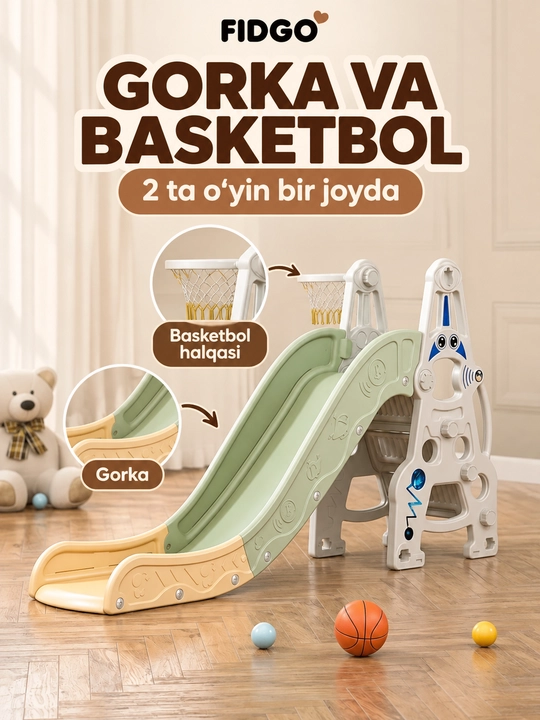 Bolalar gorkasi va o‘yin majmuasi FIDGO, arg‘imchoqli modellar va sport burchagi - 