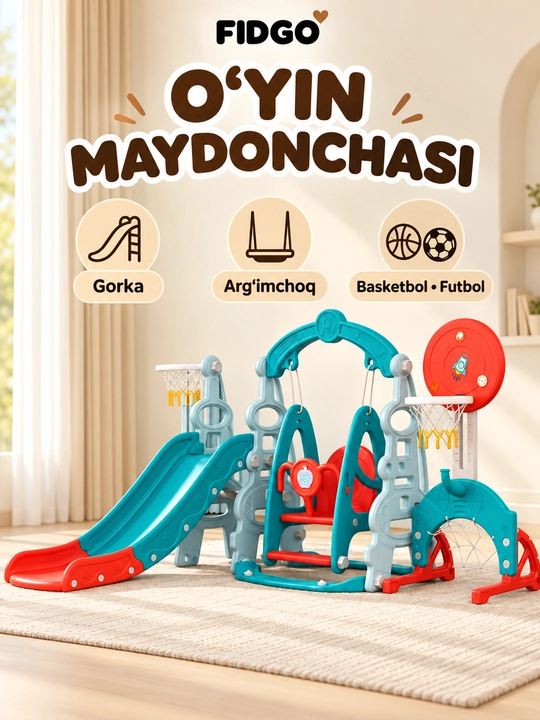 Bolalar gorkasi va o‘yin majmuasi FIDGO, arg‘imchoqli modellar va sport burchagi - 