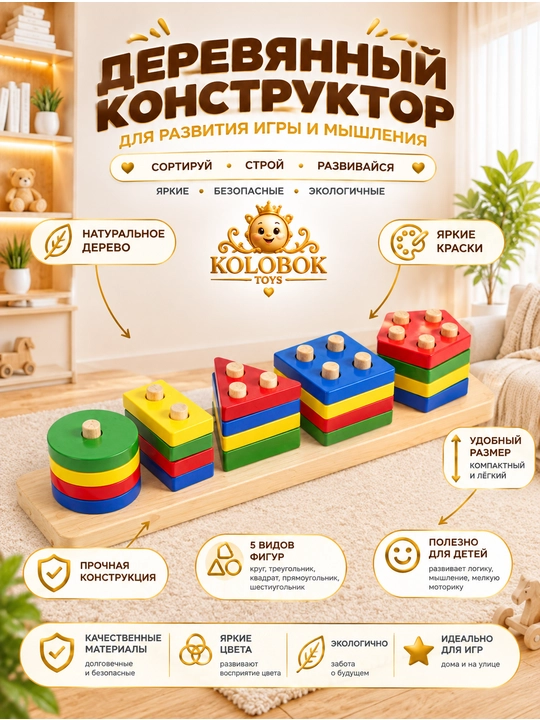 Развивающая игрушка для детей: логический куб-сортер и конструктор пазл