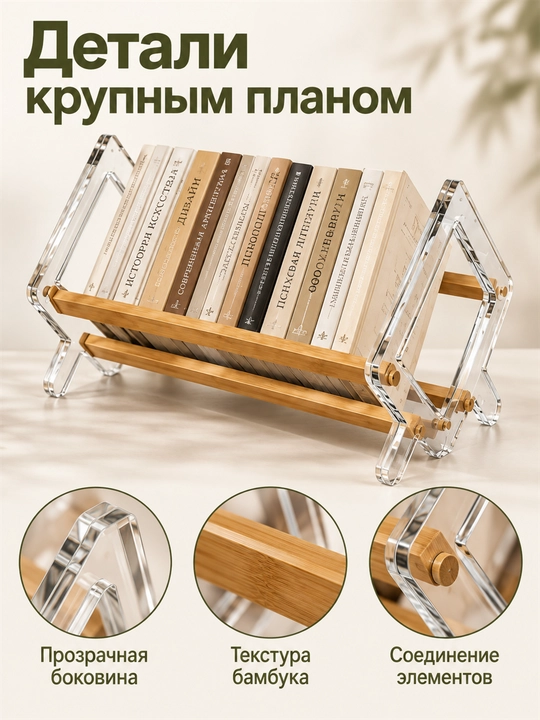 Stol usti kitob javoni, organayzer va kitob qo‘yish uchun taglik bambuk va akrildan, 50 sm