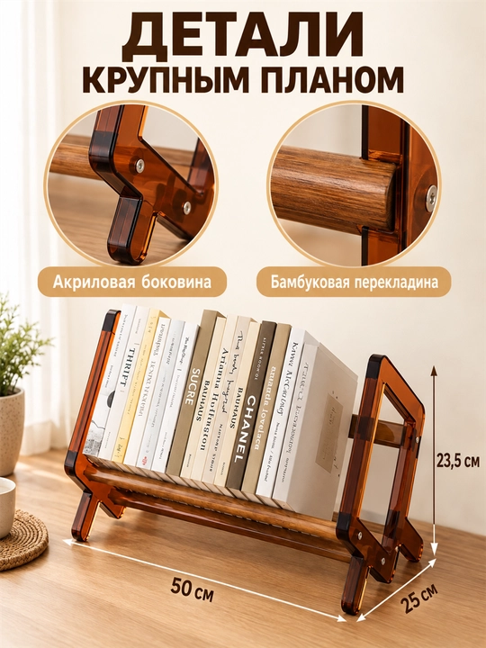 Настольная книжная полка, органайзер и подставка для книг, бамбук и акрил, 50 см