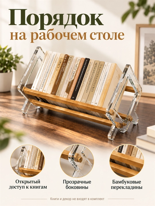 Stol usti kitob javoni, organayzer va kitob qo‘yish uchun taglik bambuk va akrildan, 50 sm