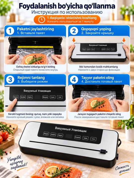 Вакууматор для продуктов — вакуумный упаковщик + 50 пакетов в подарок