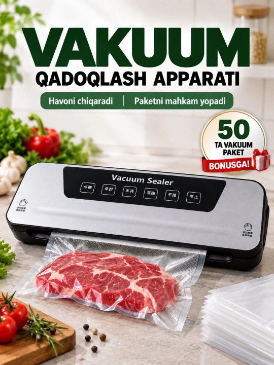 Вакуматор — вакумный упаковщик продуктов, + 50 пакетов, машина для вакуумной упаковки