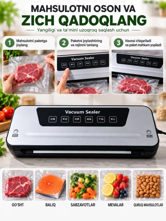 Вакуматор — вакумный упаковщик продуктов, + 50 пакетов, машина для вакуумной упаковки