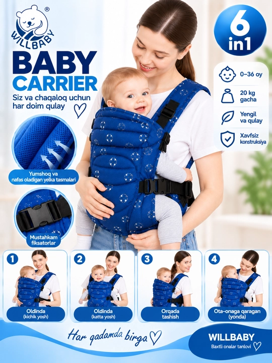 Рюкзак-кенгуру WILLBABY 6 в 1 для детей, переноска для малыша 0–36 месяцев, до 20 кг