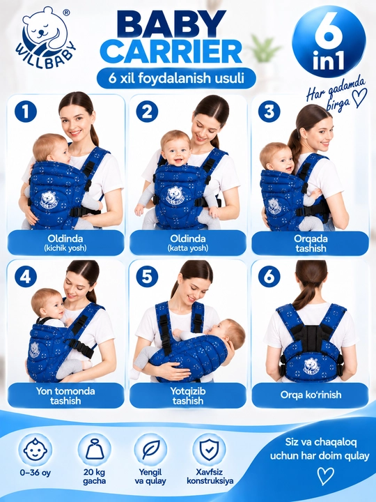 Рюкзак-кенгуру WILLBABY 6 в 1 для детей, переноска для малыша 0–36 месяцев, до 20 кг